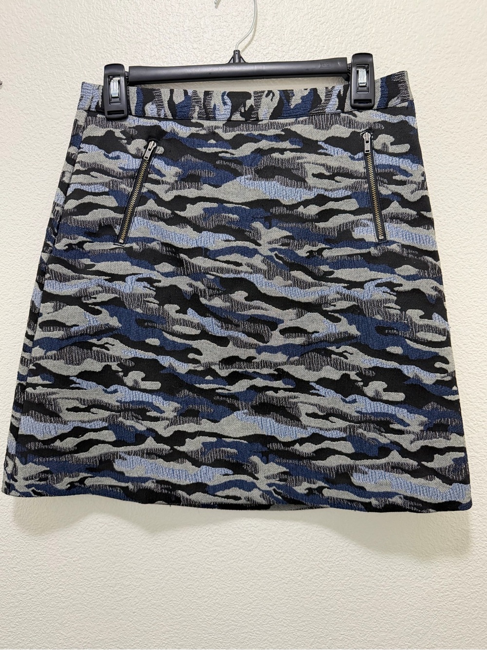 Halogen blue camouflage lined mini skirt, size 4